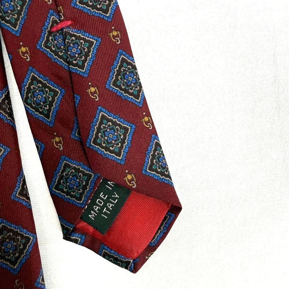 Vintage Brass & Leather by Jadeo Silk Tie Made in Italy Burgundy Geometric Medal